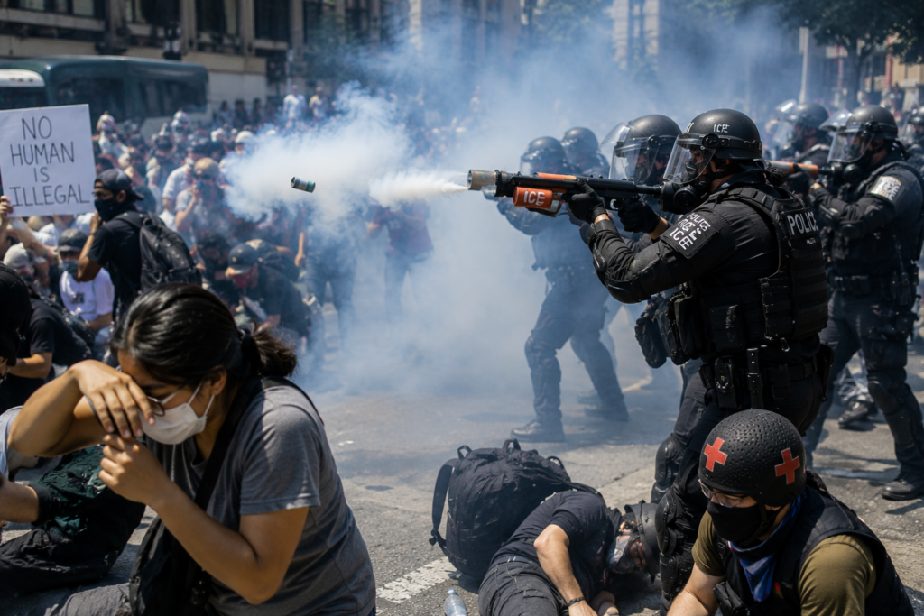 Law enforcement officers and protesters during an ICE protest amid allegations of crowd control weapon misuse in the United States