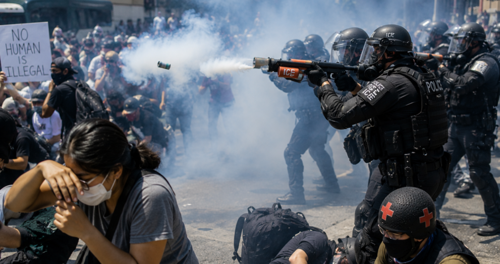 Law enforcement officers and protesters during an ICE protest amid allegations of crowd control weapon misuse in the United States