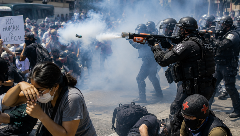 Law enforcement officers and protesters during an ICE protest amid allegations of crowd control weapon misuse in the United States