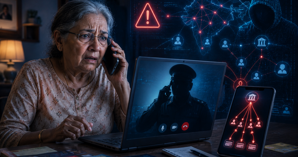 Digital arrest scam illustration showing cybercriminals impersonating police officials to deceive a Noida woman and steal ₹18.5 lakh
