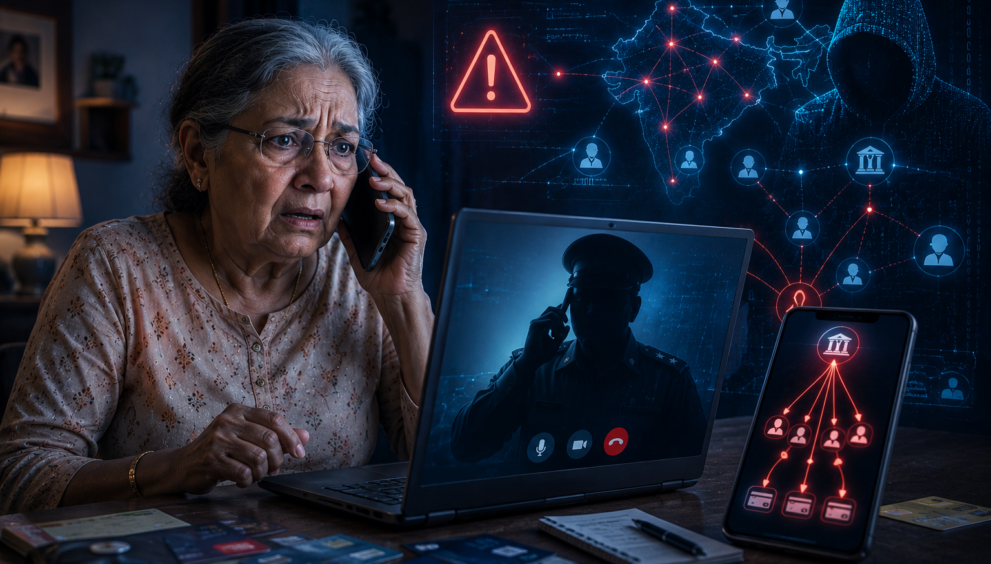 Digital arrest scam illustration showing cybercriminals impersonating police officials to deceive a Noida woman and steal ₹18.5 lakh