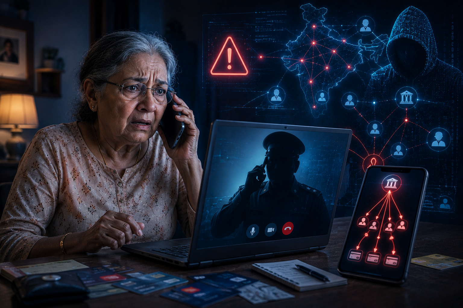 Digital arrest scam illustration showing cybercriminals impersonating police officials to deceive a Noida woman and steal ₹18.5 lakh