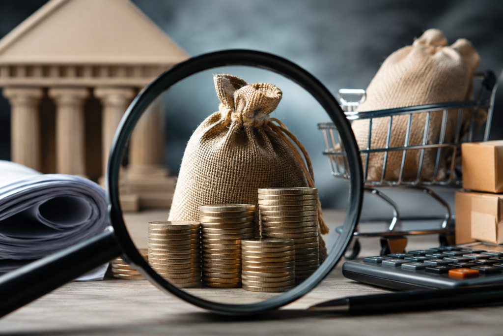 Illustration representing the investigation into fake GST Input Tax Credit fraud in India with financial documents, coins, and a magnifying glass.