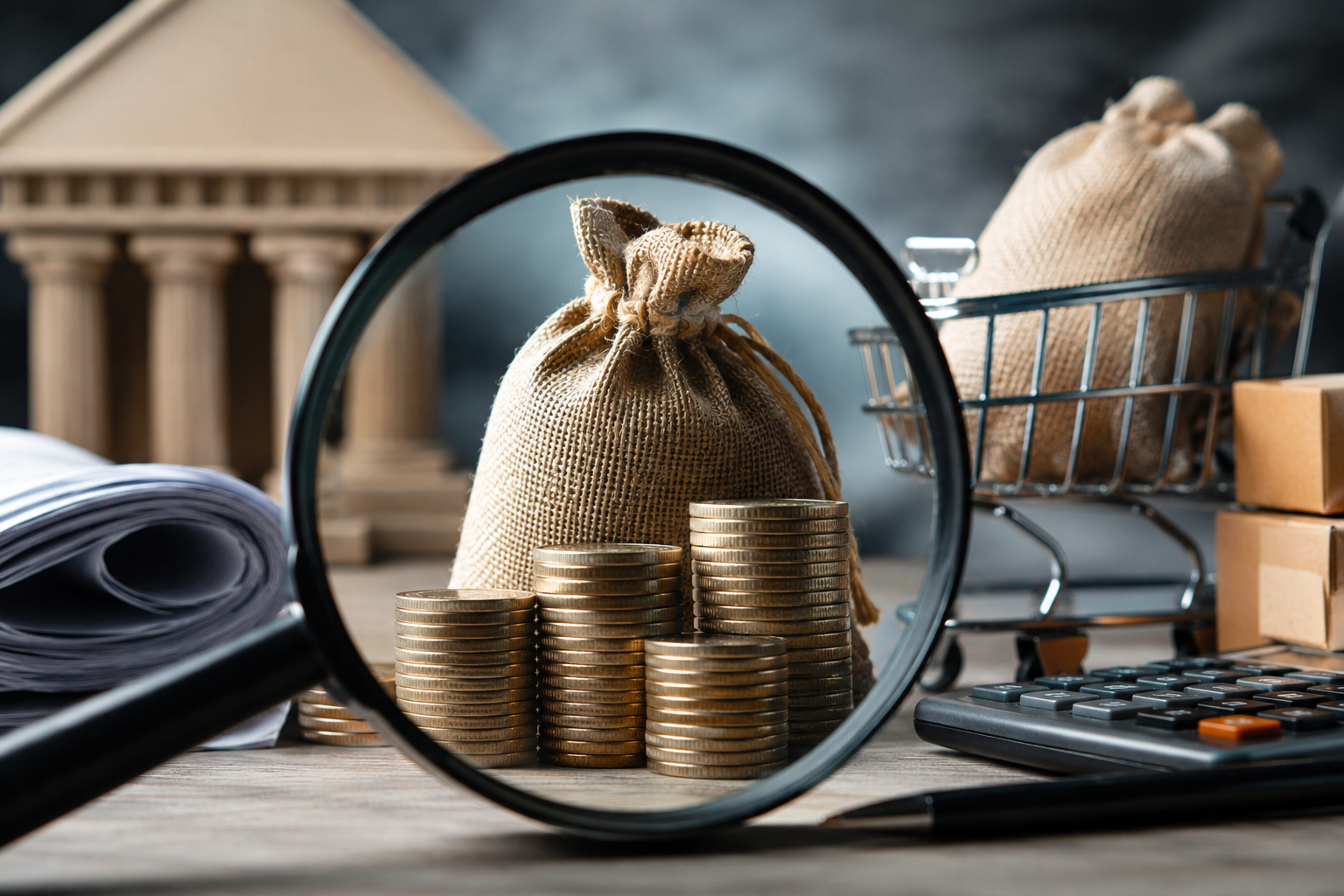 Illustration representing the investigation into fake GST Input Tax Credit fraud in India with financial documents, coins, and a magnifying glass.