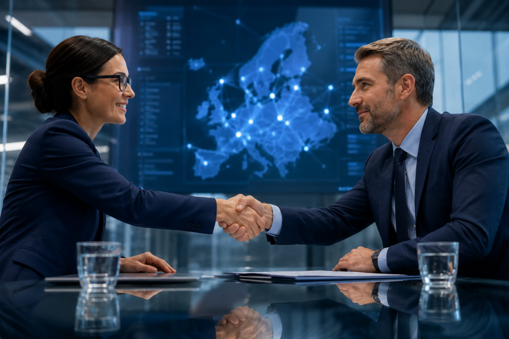 Business leaders shake hands before a digital Europe map, symbolizing AI-driven financial crime investigations.