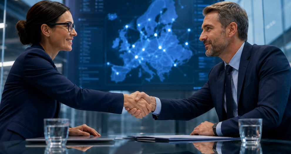 Business leaders shake hands before a digital Europe map, symbolizing AI-driven financial crime investigations.