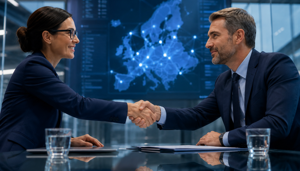 Business leaders shake hands before a digital Europe map, symbolizing AI-driven financial crime investigations.