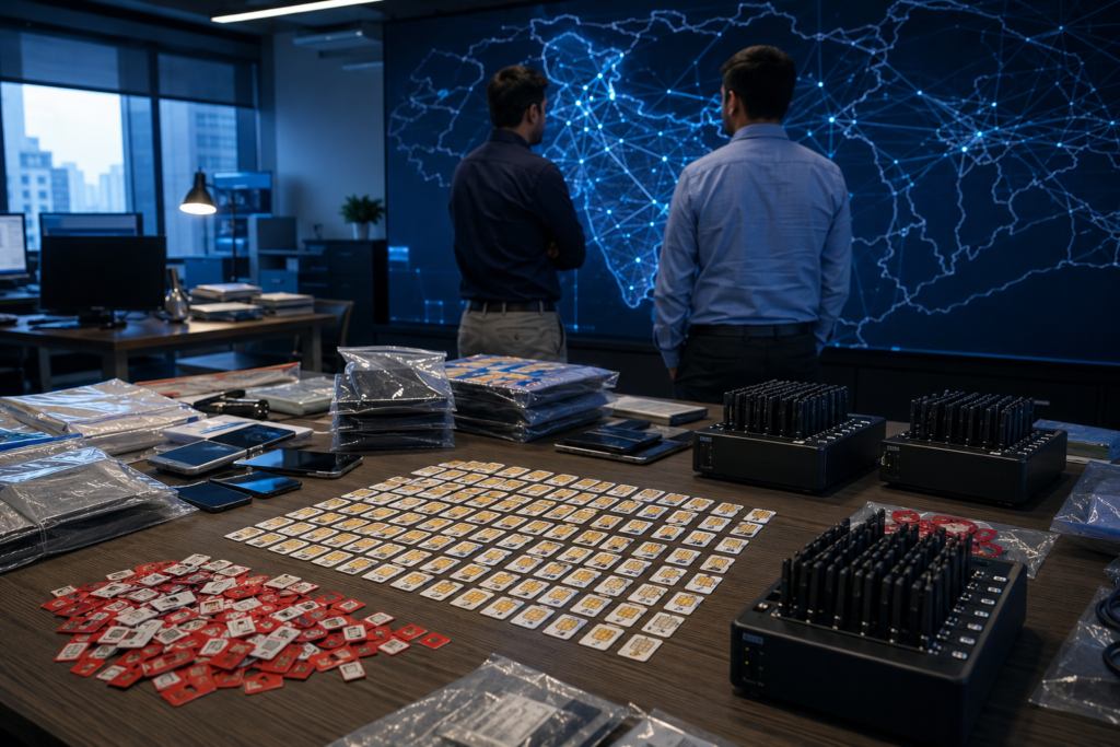 Ahmedabad cybercrime investigation showing SIM cards, multi-SIM devices and digital network analysis