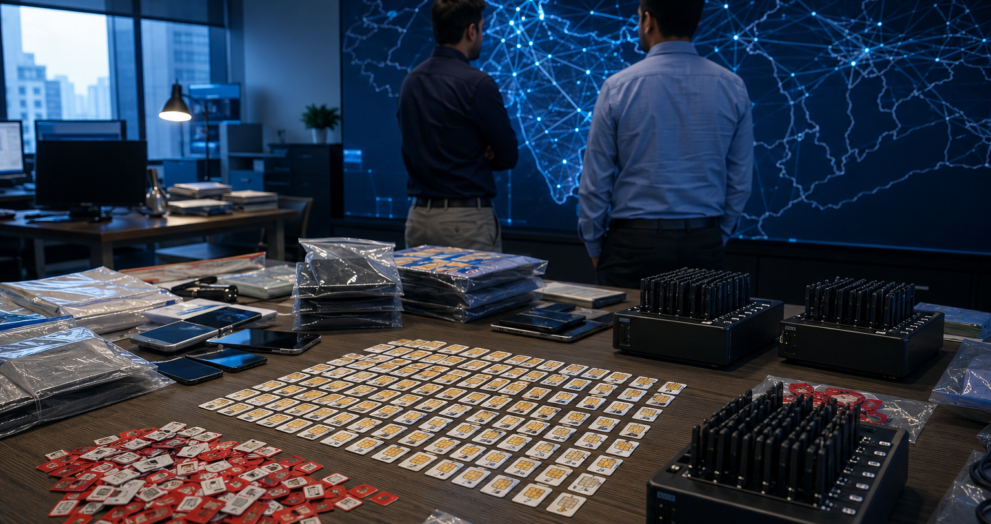 Ahmedabad cybercrime investigation showing SIM cards, multi-SIM devices and digital network analysis