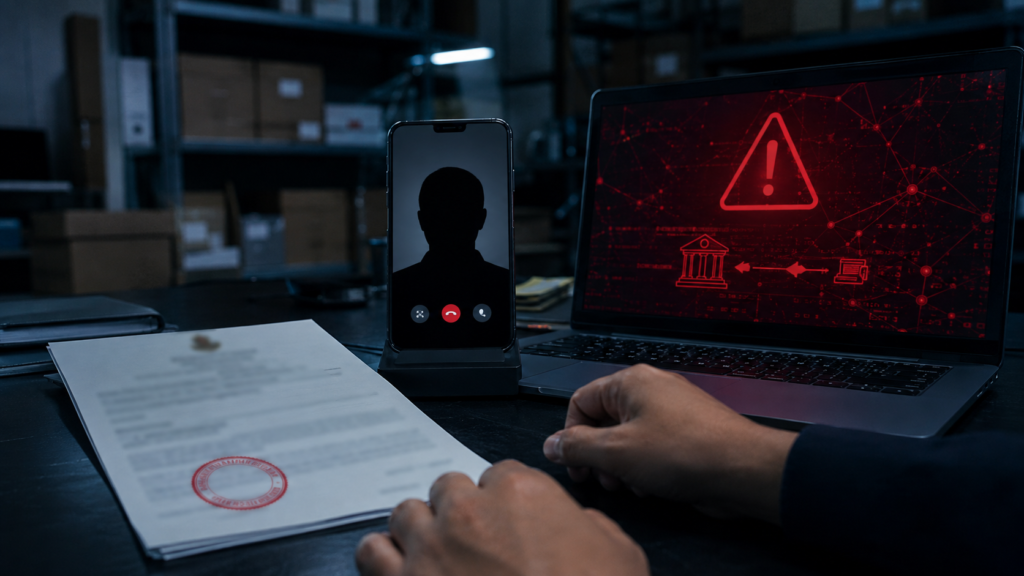 Conceptual representation of a fake arrest-warrant cyber scam involving a threatening video call and fraudulent financial transfer.