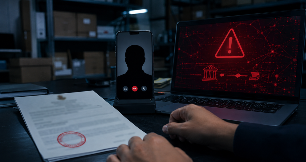 Conceptual representation of a fake arrest-warrant cyber scam involving a threatening video call and fraudulent financial transfer.