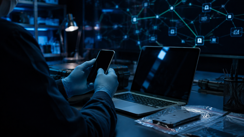 Investigator examining smartphone evidence in a cybercrime case