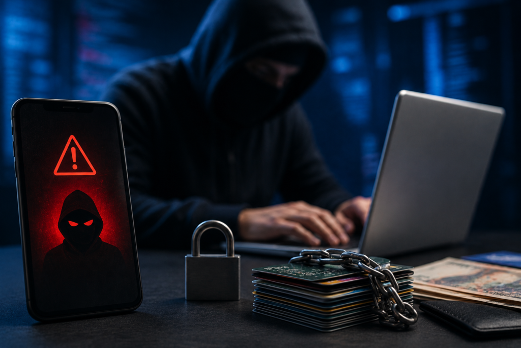 Cybercrime and online financial fraud prevention concept with a hacker using a laptop