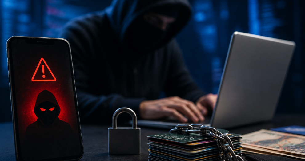 Cybercrime and online financial fraud prevention concept with a hacker using a laptop