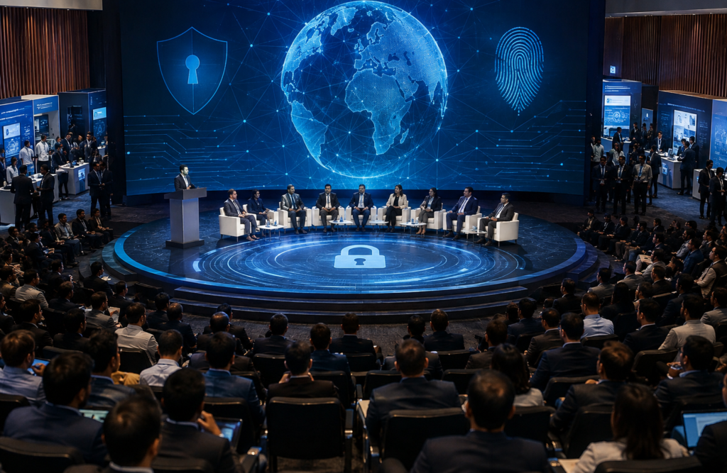 A large cybersecurity conference with experts, law enforcement officers, digital forensics professionals, and industry leaders attending a technology-focused summit on cybercrime and cybersecurity in New Delhi.