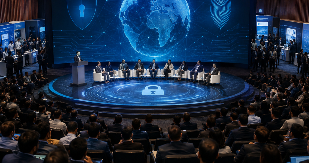 A large cybersecurity conference with experts, law enforcement officers, digital forensics professionals, and industry leaders attending a technology-focused summit on cybercrime and cybersecurity in New Delhi.