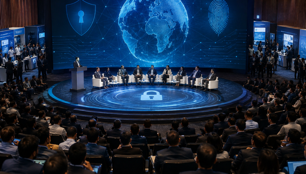 A large cybersecurity conference with experts, law enforcement officers, digital forensics professionals, and industry leaders attending a technology-focused summit on cybercrime and cybersecurity in New Delhi.