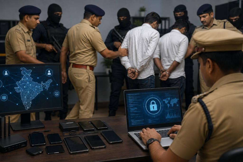 Haryana Police conducting a cybercrime investigation and arrest operation against cyber fraud suspects involved in online financial scams across multiple Indian states.