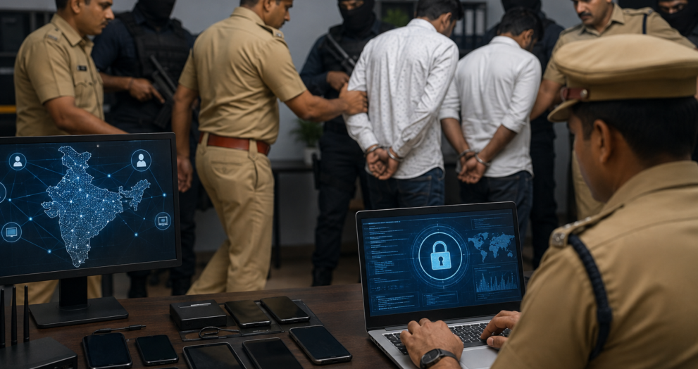 Haryana Police conducting a cybercrime investigation and arrest operation against cyber fraud suspects involved in online financial scams across multiple Indian states.