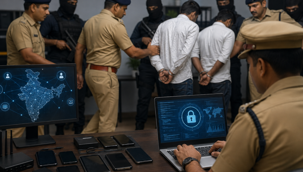 Haryana Police conducting a cybercrime investigation and arrest operation against cyber fraud suspects involved in online financial scams across multiple Indian states.