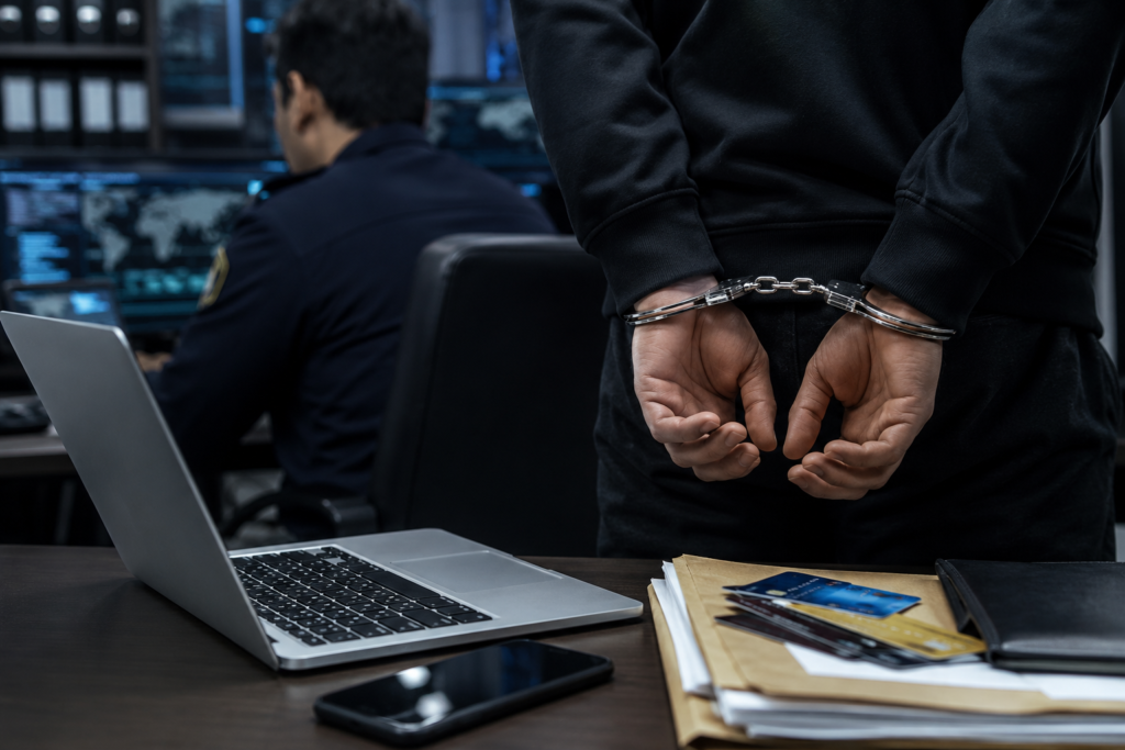 Cybercrime investigators examining digital evidence during an investigation into a fake IPO investment fraud that resulted in the arrest of a suspect.