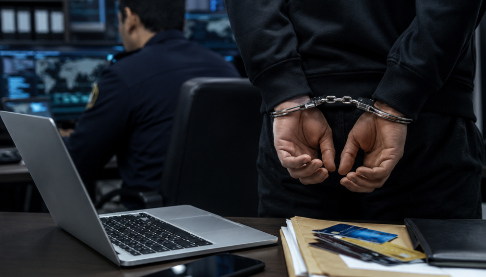 Cybercrime investigators examining digital evidence during an investigation into a fake IPO investment fraud that resulted in the arrest of a suspect.