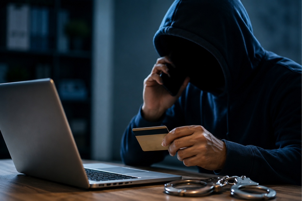 Anonymous cybercriminal using a laptop and smartphone during a digital arrest scam targeting a retired banker in Pune.