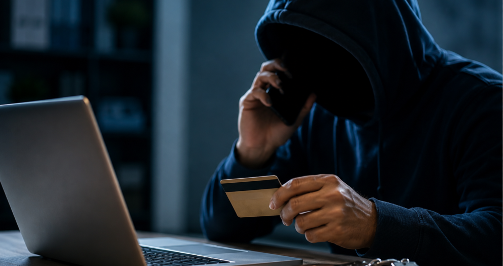 Anonymous cybercriminal using a laptop and smartphone during a digital arrest scam targeting a retired banker in Pune.