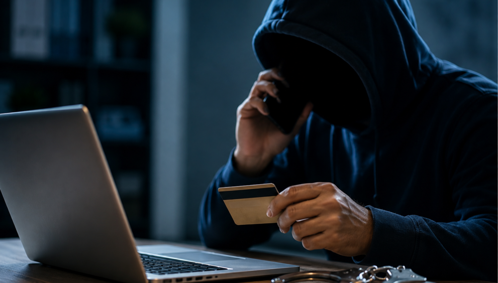 Anonymous cybercriminal using a laptop and smartphone during a digital arrest scam targeting a retired banker in Pune.