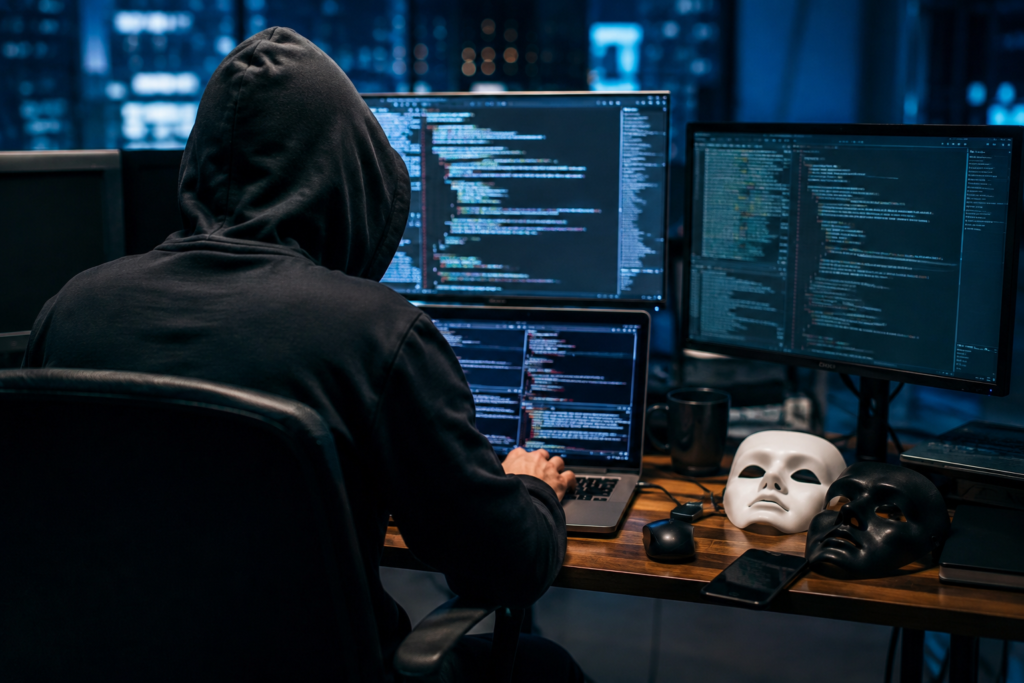 Tamil Nadu cybercrime crackdown showing a suspected cybercriminal working at a computer with multiple screens