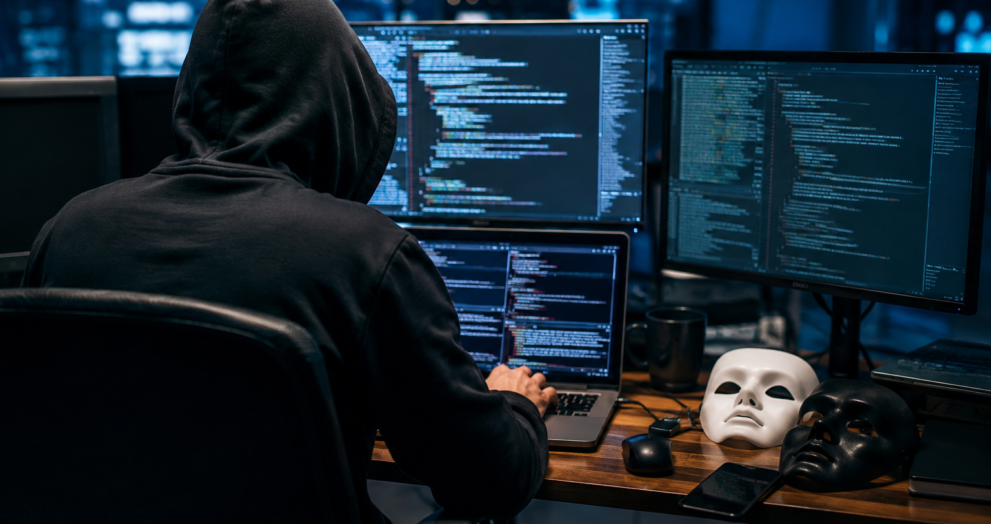 Tamil Nadu cybercrime crackdown showing a suspected cybercriminal working at a computer with multiple screens