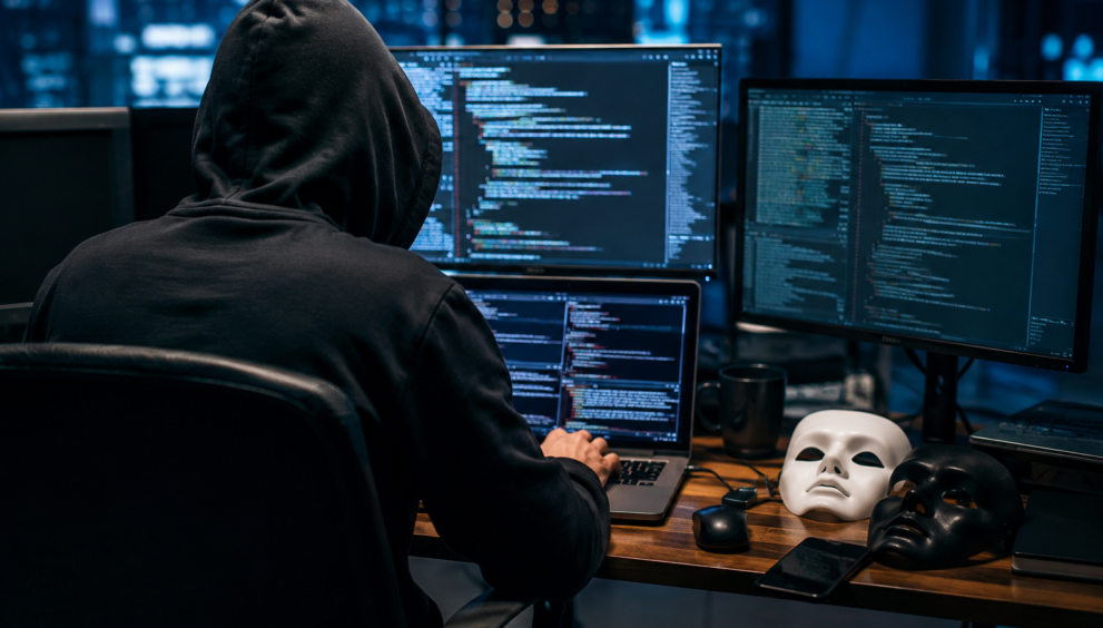 Tamil Nadu cybercrime crackdown showing a suspected cybercriminal working at a computer with multiple screens