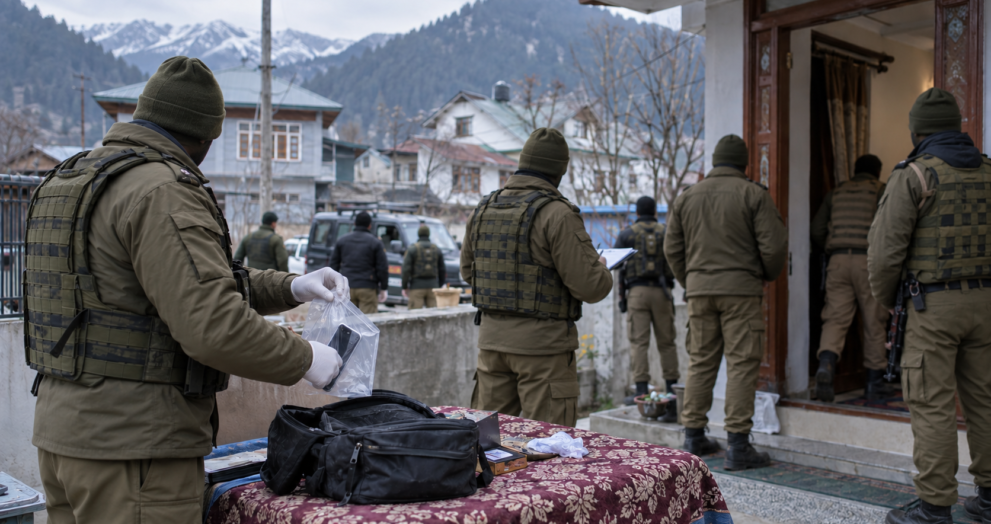 J&K Police officers conducting a search operation at a location in the Kashmir Valley