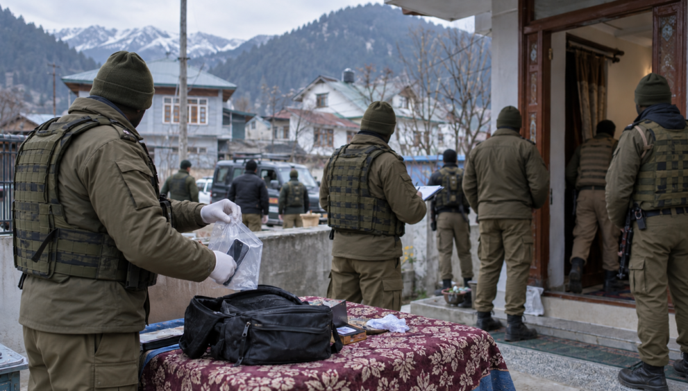 J&K Police officers conducting a search operation at a location in the Kashmir Valley